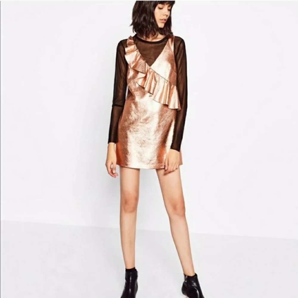 Zara Trafaluc Collection Ruffle Mini Dress Size Small ROSE GOLD Color - Picture 3 of 11